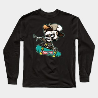 Gift for a Skateboarder, Skateboarding Skeleton, Hand-Drawn Style Long Sleeve T-Shirt